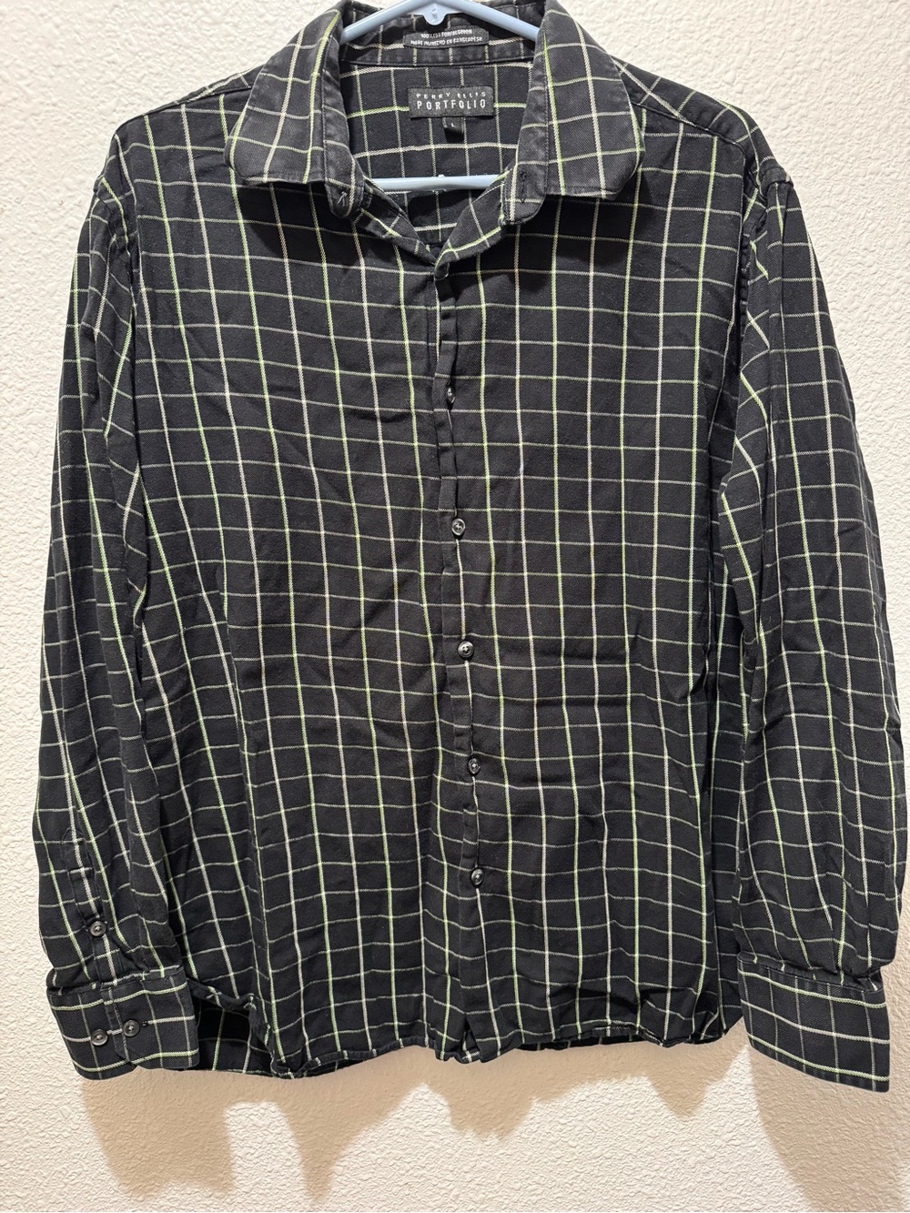 Perry Ellis Black Button-Down Shirt with Green Windowpane